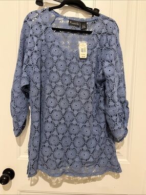 Frazzle Blue Crochet Openwork Tunic Top
